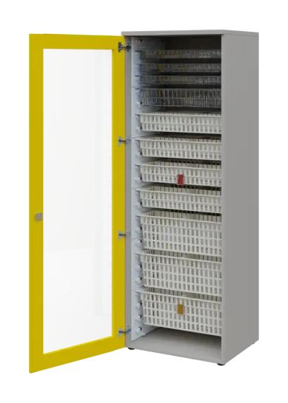 EUROMEDICA S - 66 skříň léková boxová, 1-dveřová/prosklená, levá, 1950x660x535, korpus šedý, dvířka žlutá odio